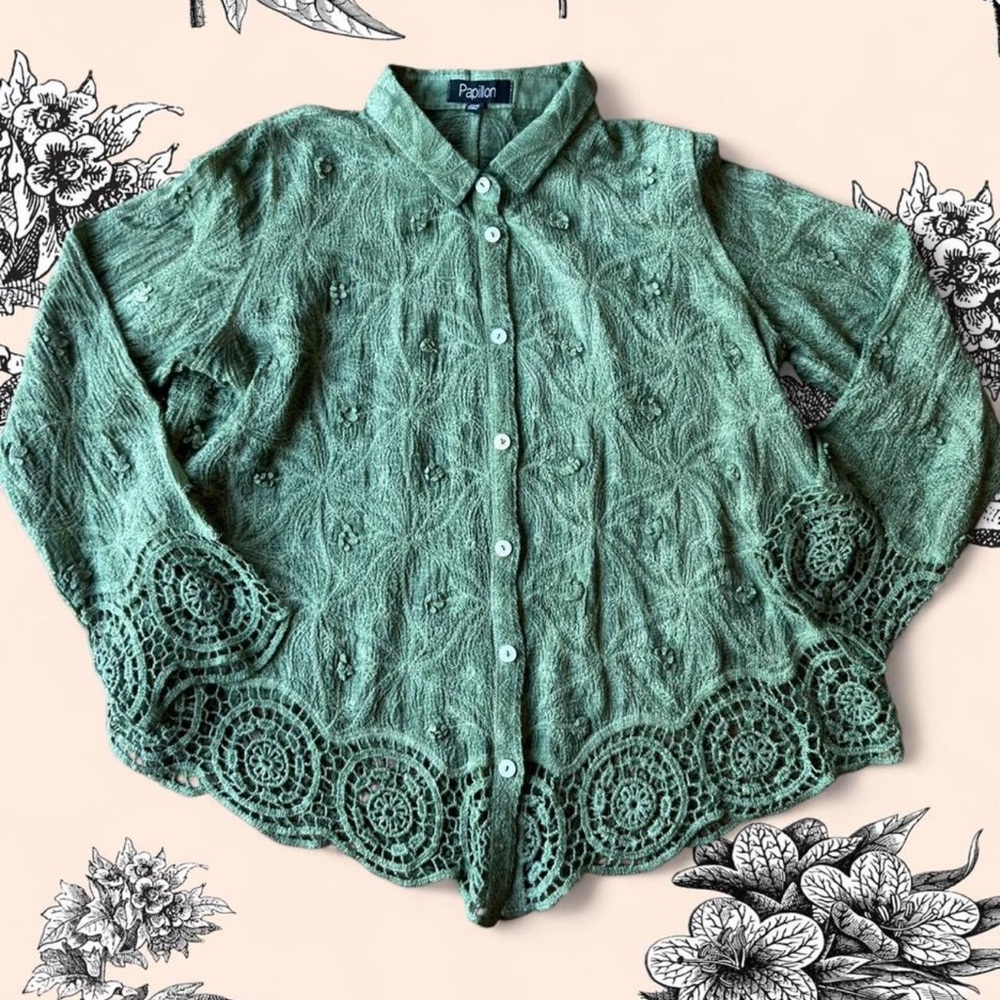 Papillon Green Linen and Lace Blouse